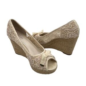 kelly & katie Cream Lace Platform Wedge Espadrille Peep Toe Heels Size 10 Womens